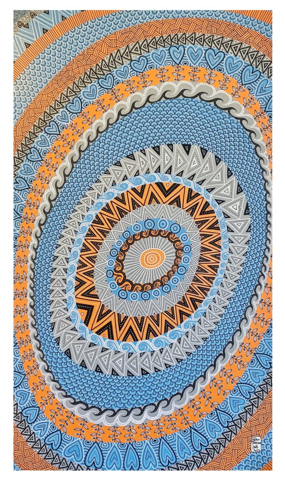 photo du tableau it's always the sun, acrylique sur isorel dans les teintes orange, grise et bleue ornées de détails noir et blanc qui explosent comme un soleil