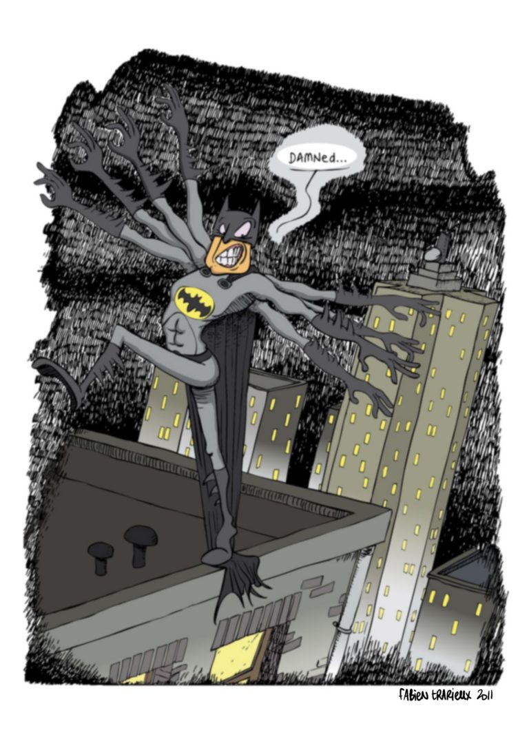 la réussite sur uun fil d'un dégradé de gris, tout comme ce batman sous pseudo qui semble perdre l'équilibre au bord d'un gratte-ciel.