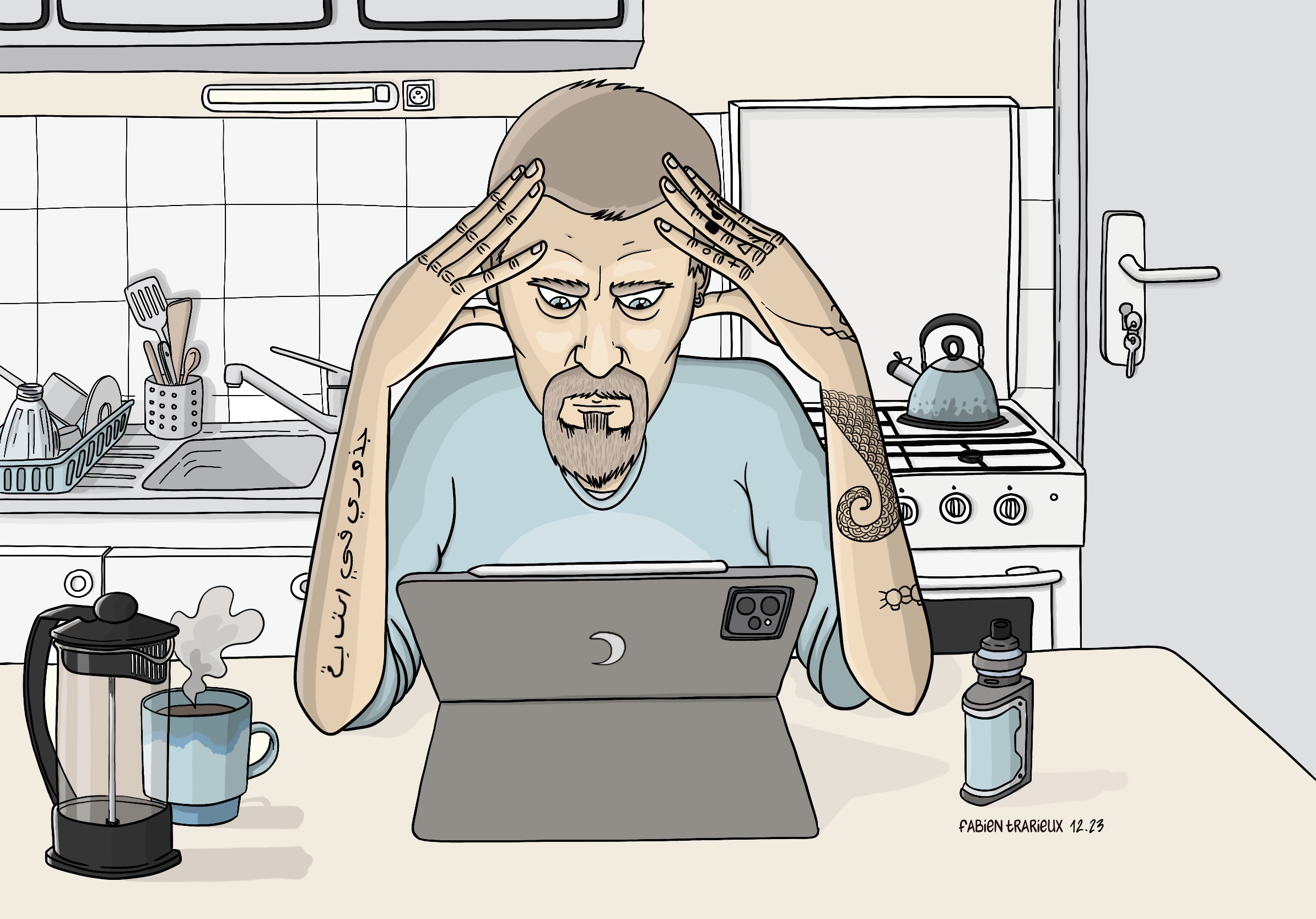 Illustration d'un homme pensif devant un ordinateur portable, se tenant la tête à deux mains, pour illustrer le processus complexe de création d'un site internet.