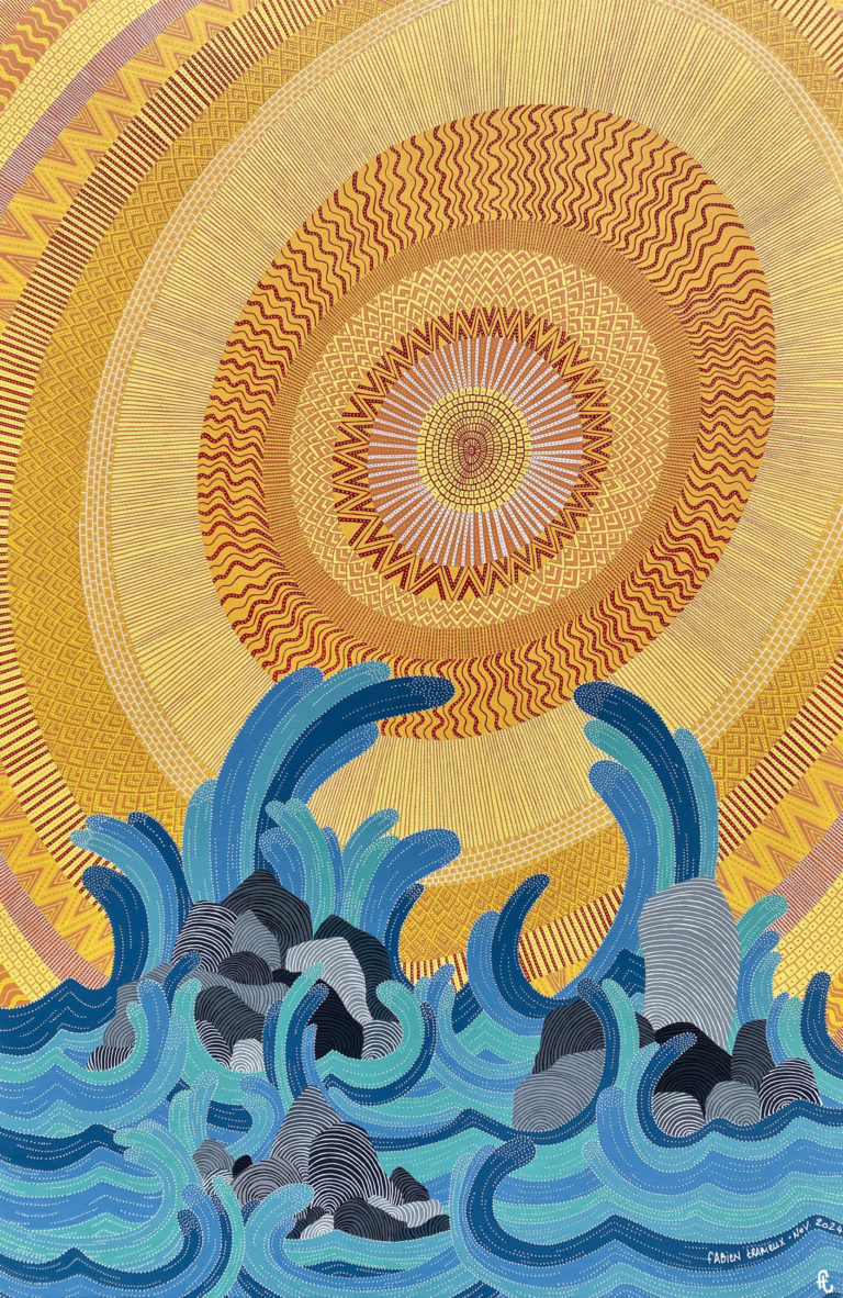 Tableau acrylique « Ciel dégagé, mer agitée » représentant un soleil concentrique jaune-orange-rouge et une mer agitée en quatre nuances de bleu.