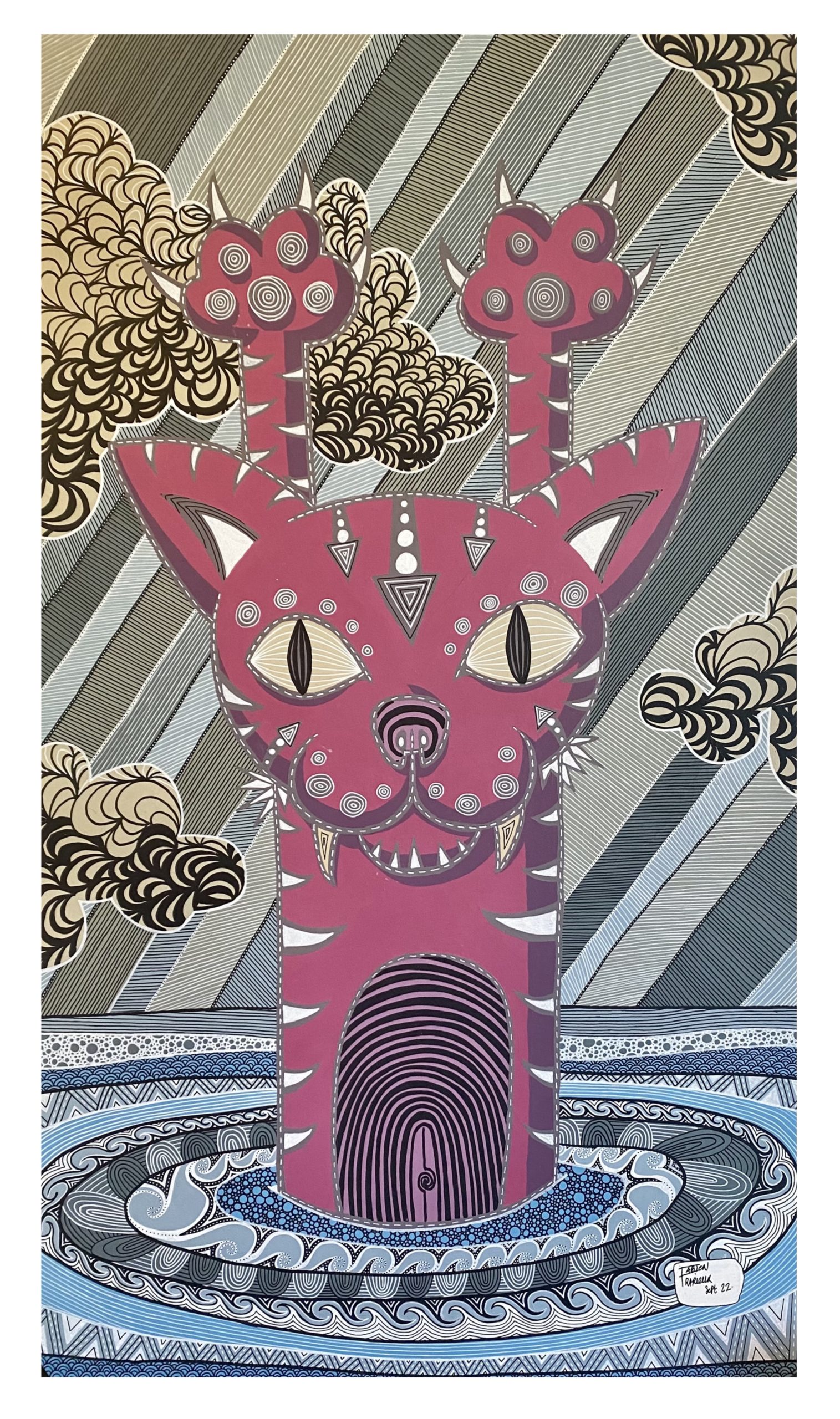 photo du tableau terminé chat mouillé, un chat rose avec les yeux jaunes semble soit se noyé ou sortir de l'eau, sur un fond de nuages et de pluie