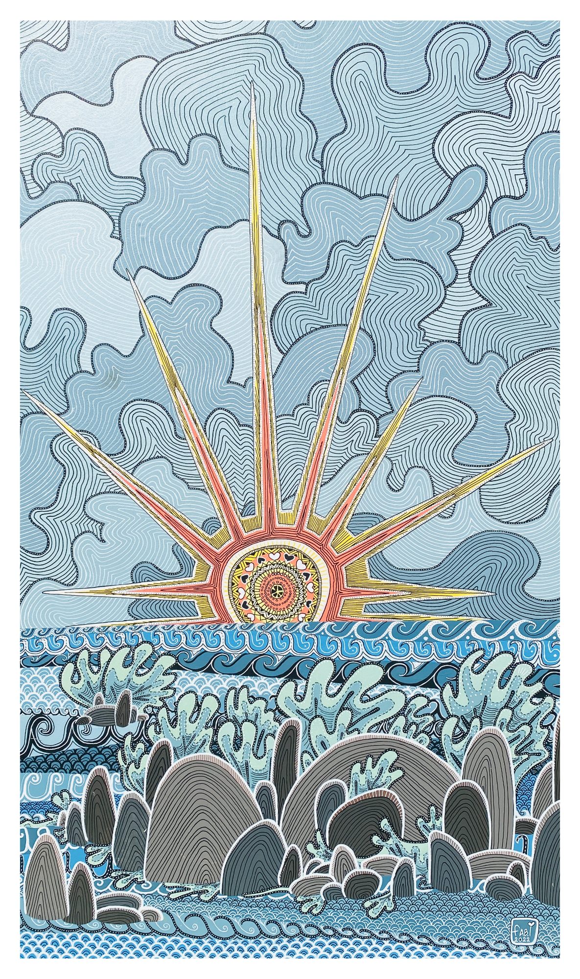 tableau portrait de paysage maritime. acrylique sur isorel. photo du tableau avec en premier plan rochers et océan et soleil couchant le tout sur fond nuageux. détails stylisés au sein de chaque motifs