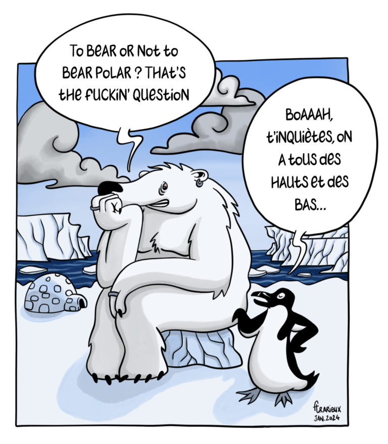 to bear polar or not to be pear polar - illustration fabien trarieux où un ours polaire se pose cette question assis sur un bloc dans la banquise, en couleur