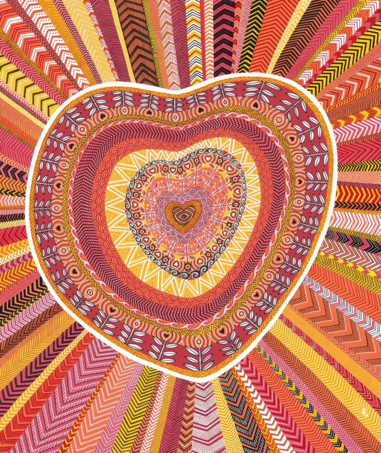Tableau mandalala en forme de cœur composé de motifs géométriques et de flèches rayonnantes dans des tons chauds.