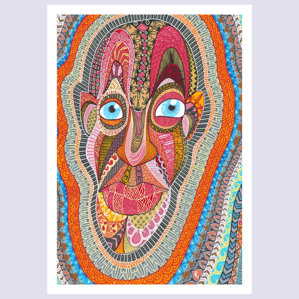 Reproduction d'art photographique de l'œuvre Art Dégénéré par l'artiste Fabien Trarieux. Un visage composé de motifs mandalalas complexes et multicolores sur fond blanc.