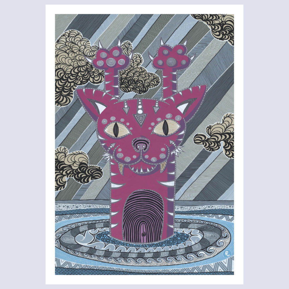 Tirage d'art en édition limitée de l'oeuvre Chat mouillé par l'artiste Fabien Trarieux montrant un chat rose stylisé émergeant de l'eau sous une pluie graphique dans des tons gris et bleus.