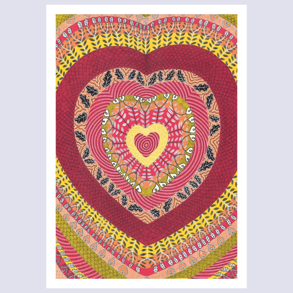 Tirage d'art en édition limitée de l'oeuvre DTC : Dans Ton Cœur par l'artiste Fabien Trarieux représentant un grand mandala en forme de cœur aux couleurs rouge, jaune et orange avec des motifs détaillés.