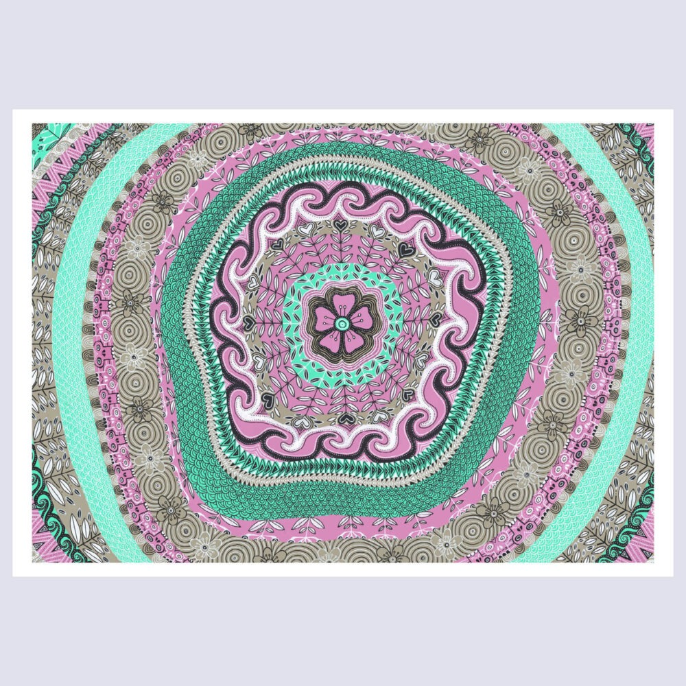 Mandalala floral rose et vert aux motifs concentriques, tirage d'art Flower Power de Fabien Trarieux.