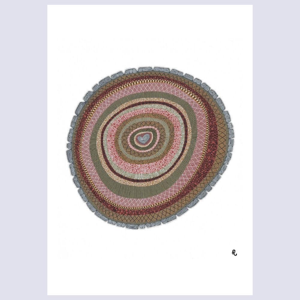 Tirage d'art en édition limitée de l'oeuvre Kamouraska par l'artiste Fabien Trarieux représentant un grand mandala circulaire inspiré des cernes d'un arbre avec un petit coeur au centre dans des tons automnaux.
