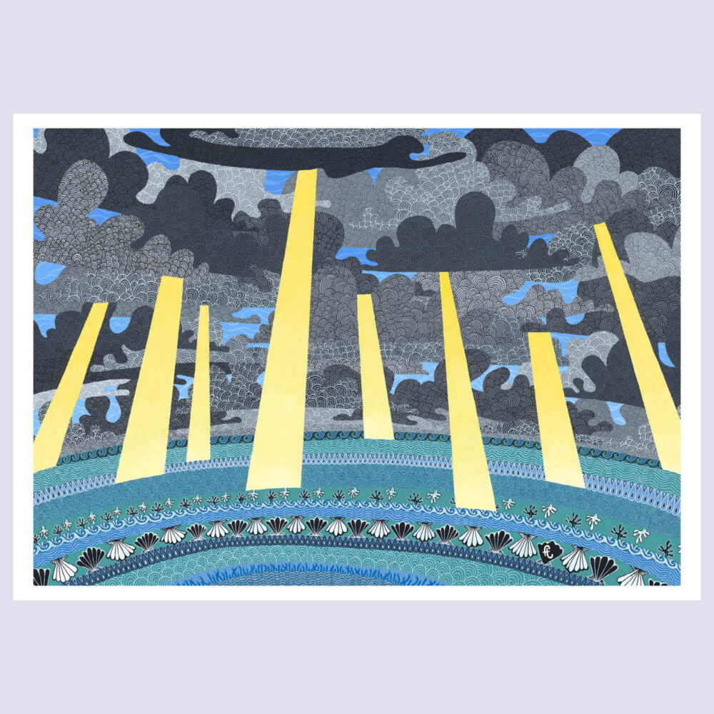 Rayons de soleil perçant des nuages gris au-dessus de la mer, style mandalala, tirage d'art Sortir du trou de Fabien Trarieux.